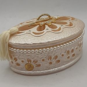 Vintage Cream Lidded Oval Trinket Box Detailed Carved Tassel Stamped Italy